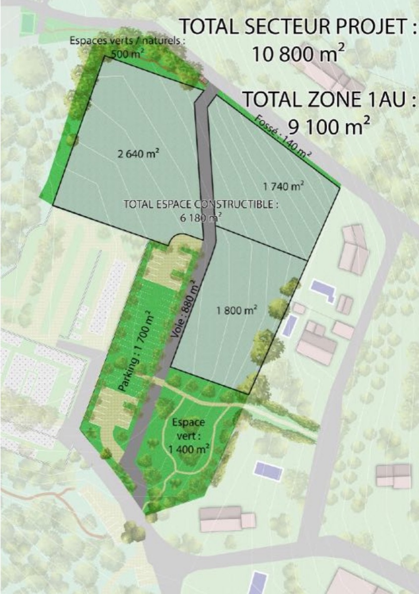Plan de répartition du terrain de la Sabatière : trois secteurs constructibles, voirie, parking et espace vert