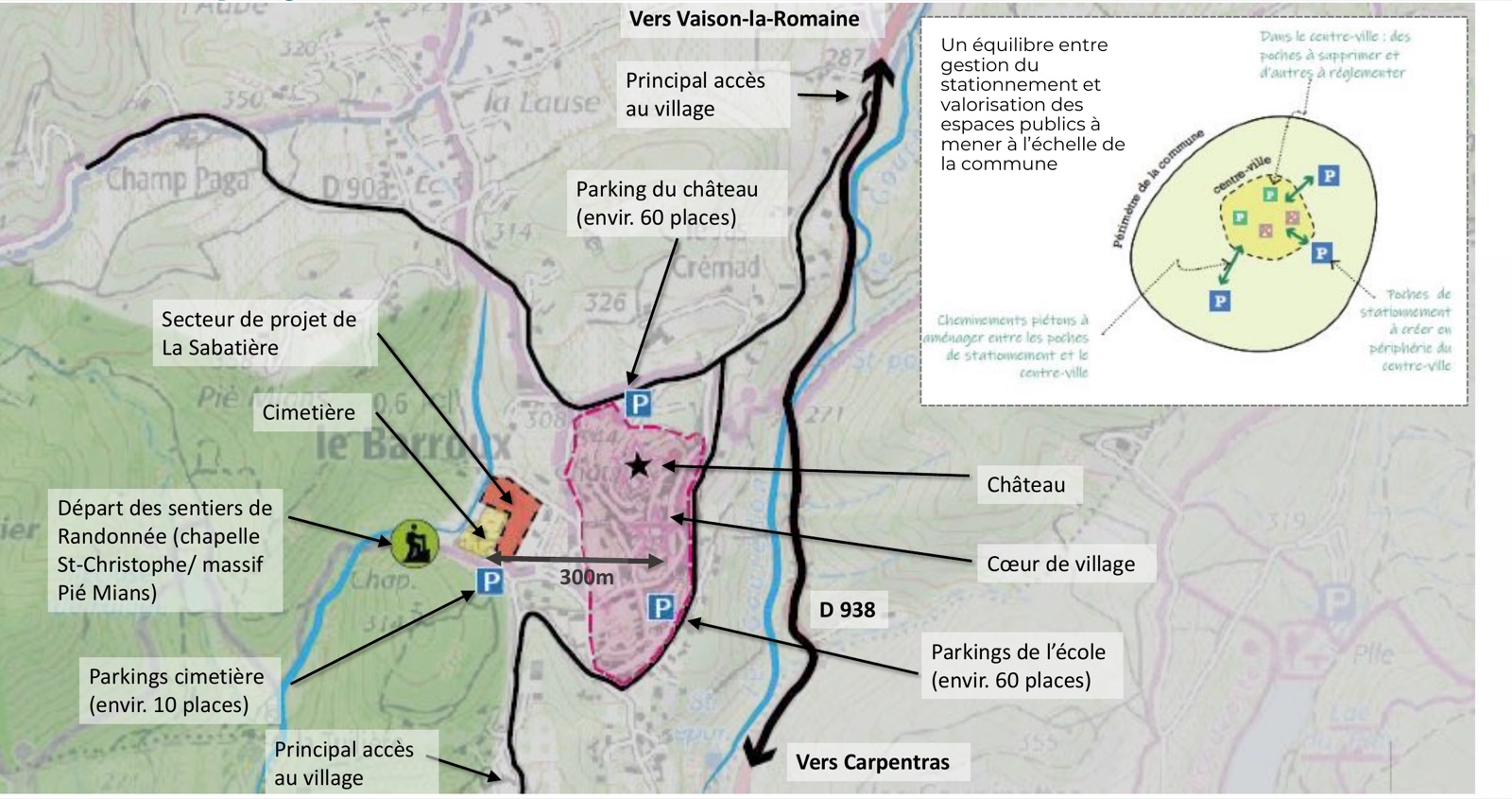 Carte de situation du terrain de la Sabatière au Barroux, à côté du cimetière et à 300 m du cœur de village